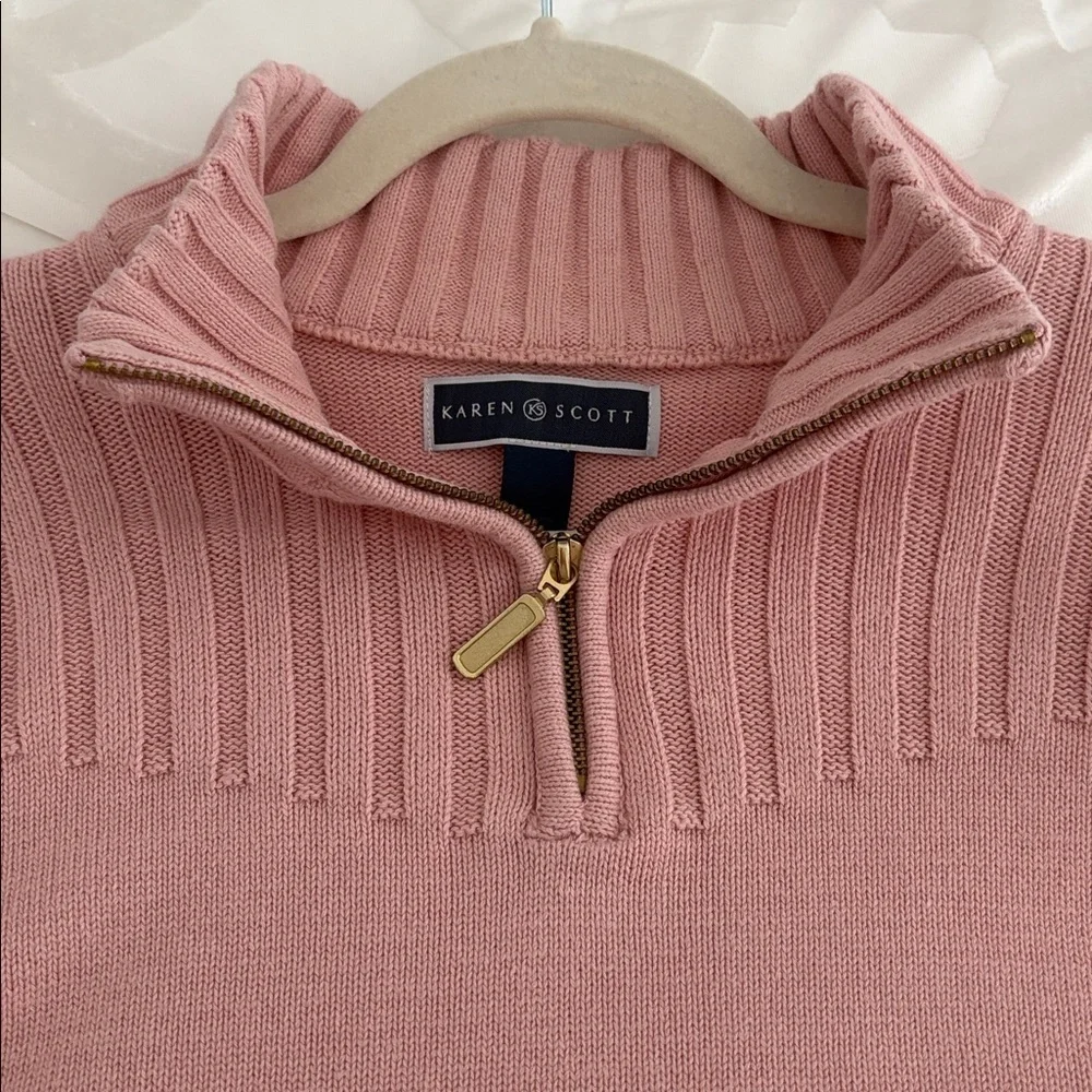 Karen Scott Soft Pink Cowl Neck Front Zip Sweater. 100% Cotton. Size XL